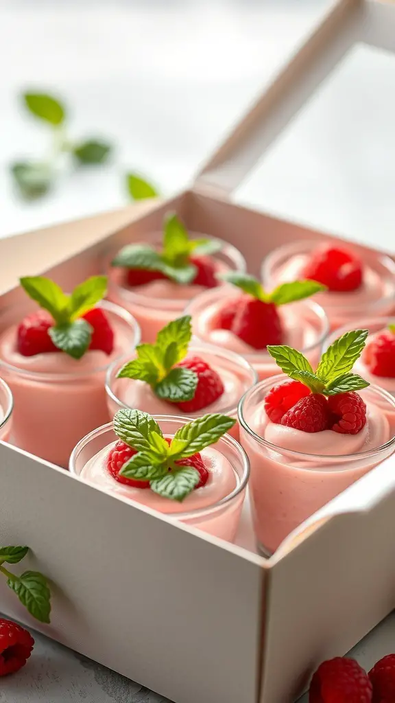 A box of raspberry mousse cups topped with fresh raspberries and mint leaves.