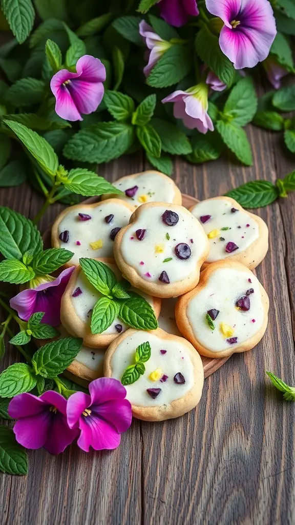 A stack of sweet pea and mint cookies surrounded by fresh mint leaves and pink flowers.