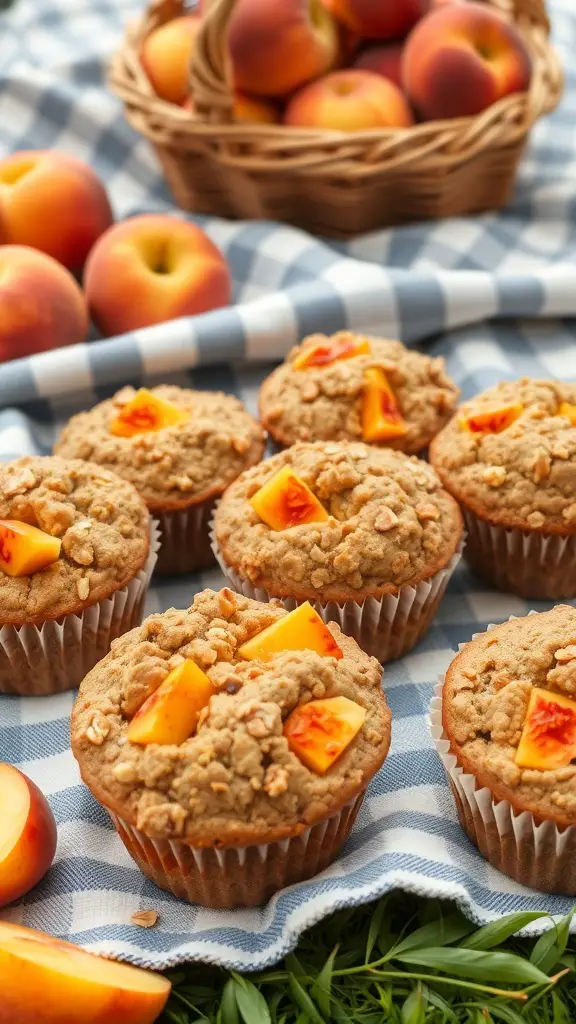 A close-up of peach oatmeal muffins topped with peach chunks, with a basket of peaches in the background.