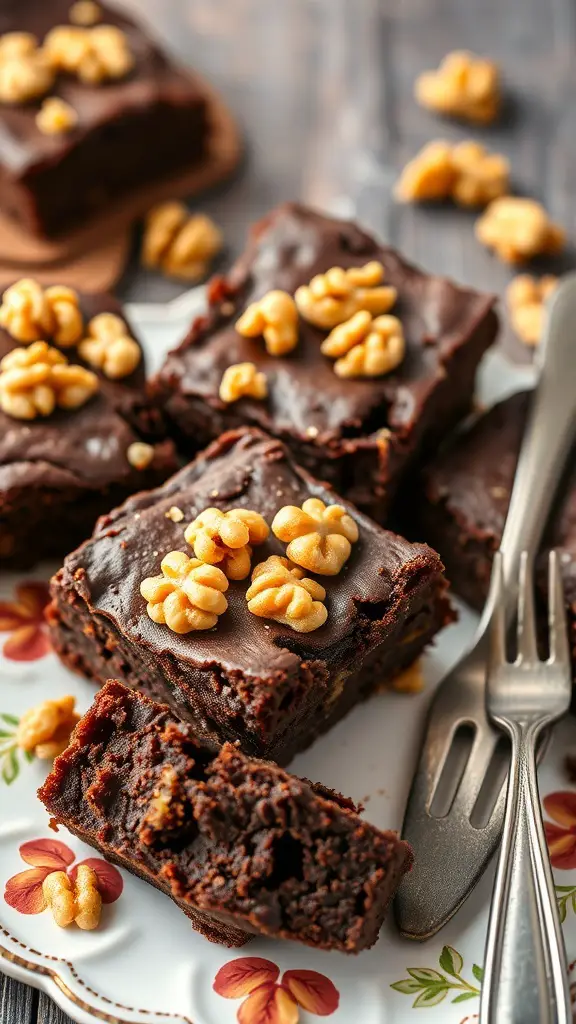 Delicious zucchini brownies topped with walnuts on a decorative plate.