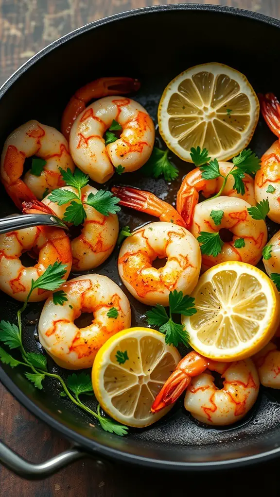 A pan of garlic butter shrimp with lemon slices and parsley