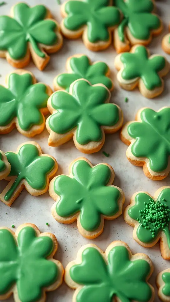 A variety of shamrock-shaped sugar cookies decorated with green icing.