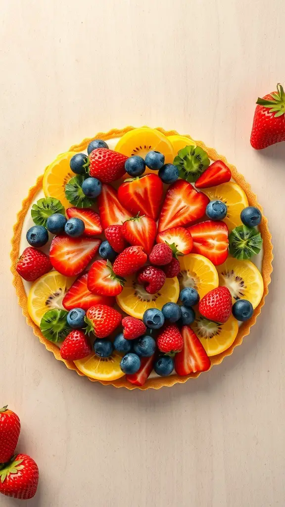 A colorful fruit tart topped with strawberries, blueberries, and kiwi on a wooden surface.