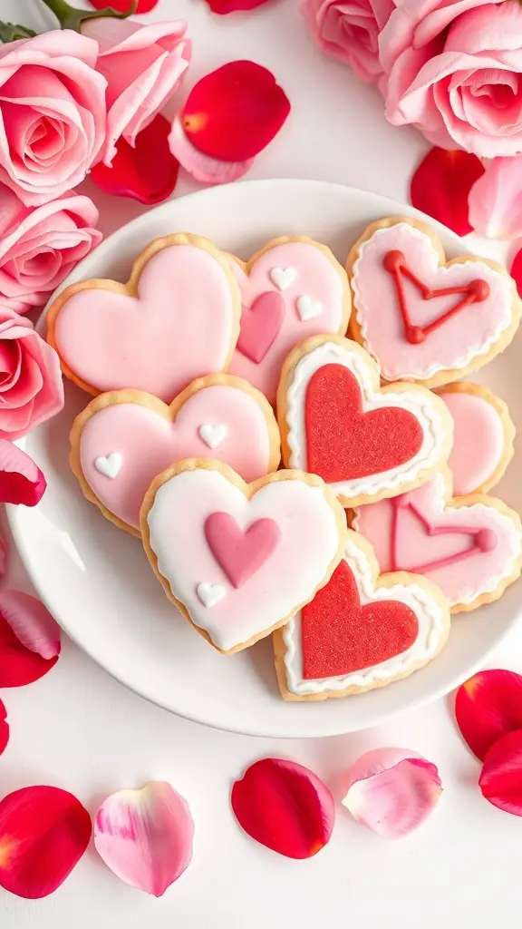 A plate of heart-shaped sugar cookies decorated with pink and red icing, surrounded by pink roses and rose petals.