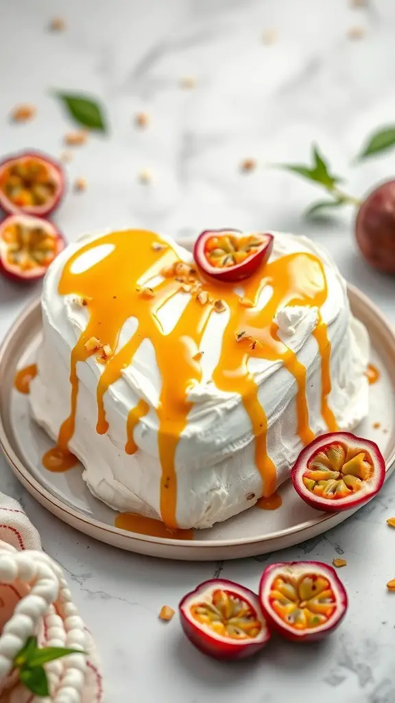 A heart-shaped pavlova topped with passionfruit sauce and fresh passionfruit halves