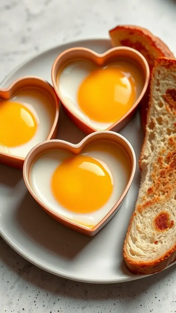 Heart-shaped eggs in molds with toast on a plate