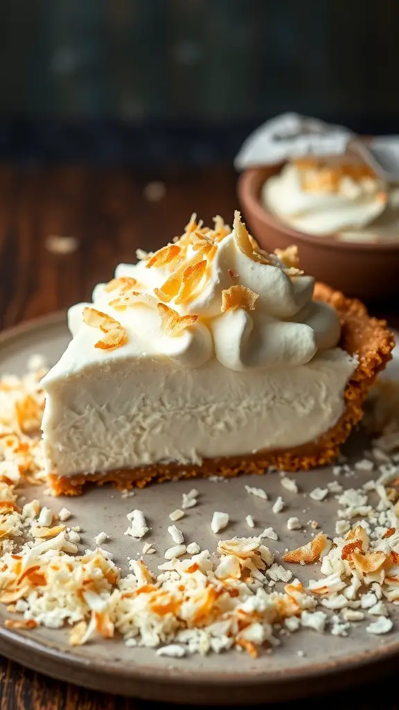 A slice of coconut cream pie topped with whipped cream and toasted coconut flakes on a plate.