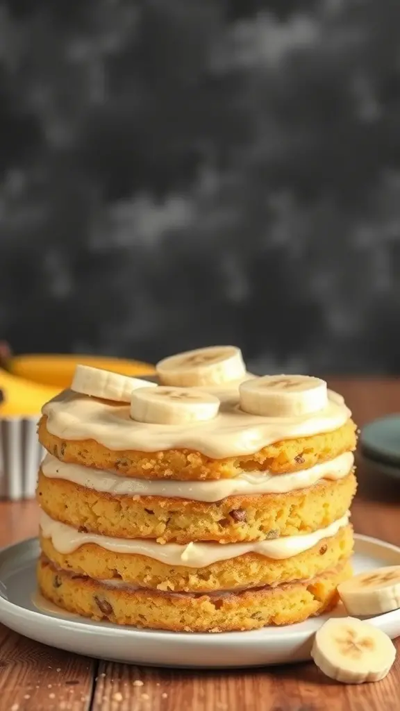 A layered Banana Pudding Cake topped with banana slices on a plate.