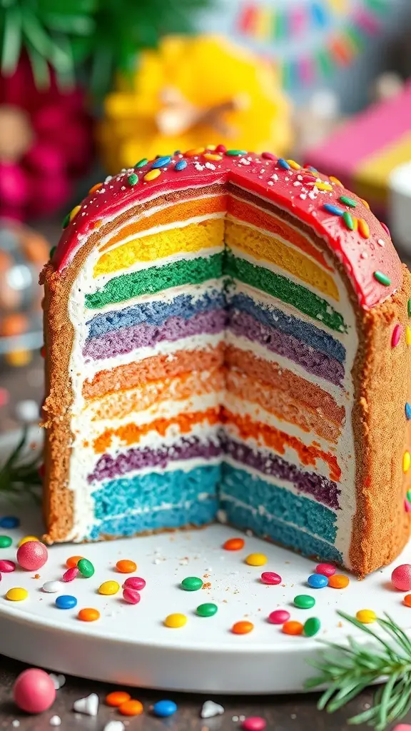 A vibrant rainbow layer cake with colorful layers and sprinkles on top.