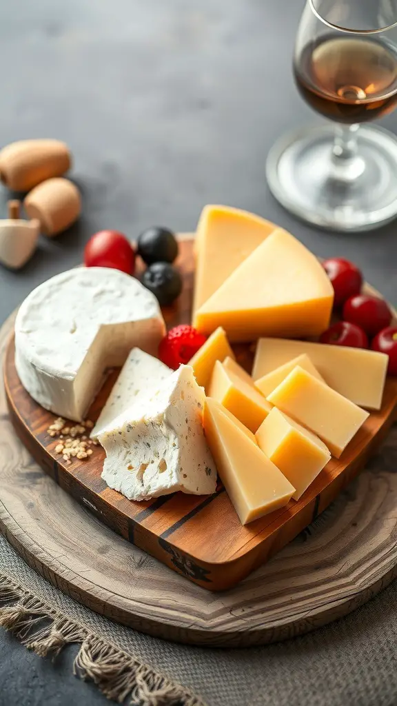 Heart-shaped charcuterie board featuring various cheeses, fruits, and a glass of wine.