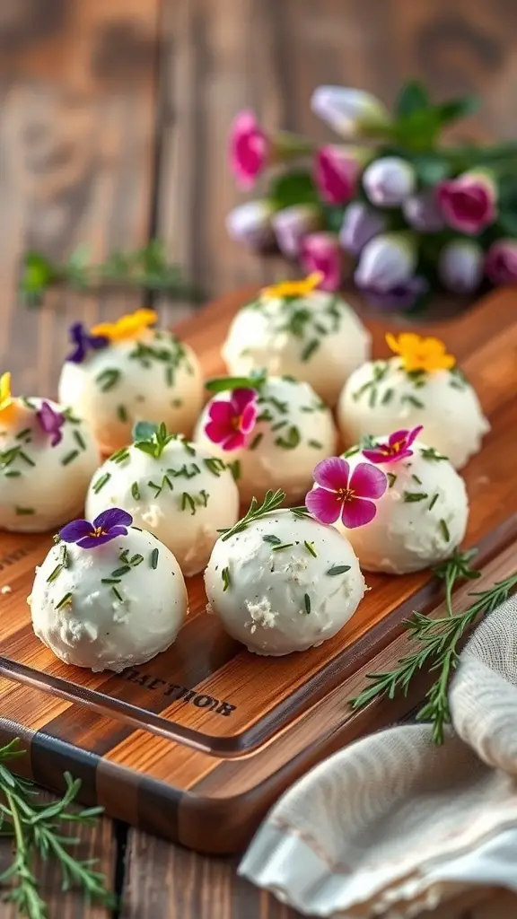 A wooden platter with spring-themed cheese balls decorated with edible flowers and herbs.