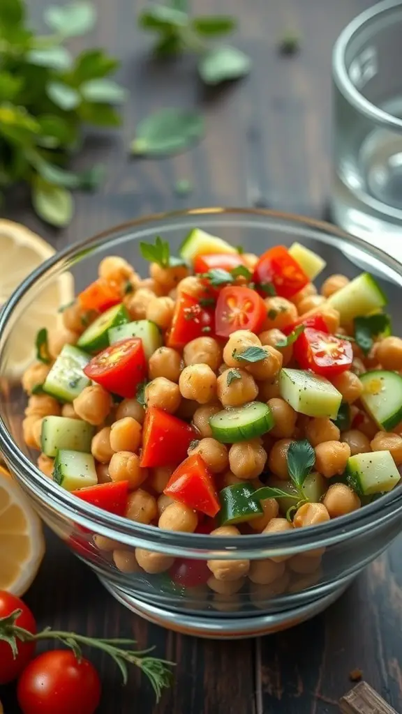 A colorful chickpea salad with diced cucumbers, tomatoes, and herbs in a glass bowl.