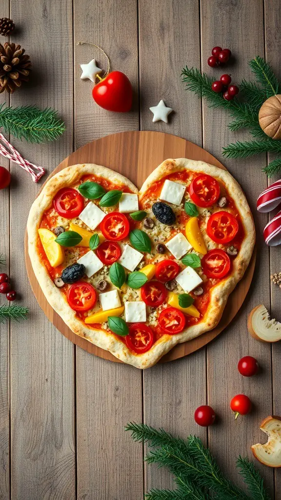 A heart-shaped pizza topped with tomatoes, cheese, and basil, surrounded by festive decorations.