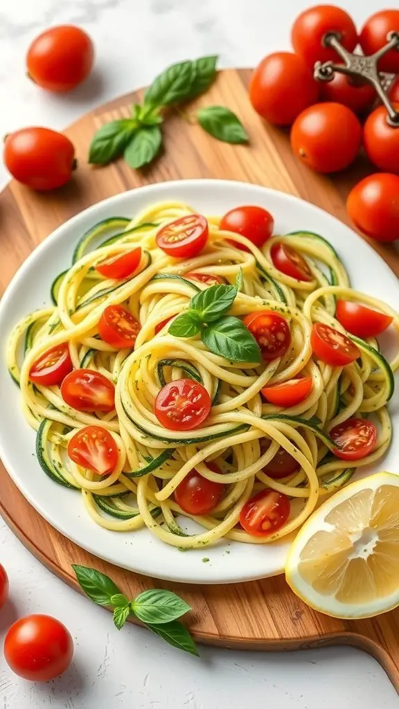 A plate of zucchini noodle salad with cherry tomatoes and basil, garnished with a slice of lemon.