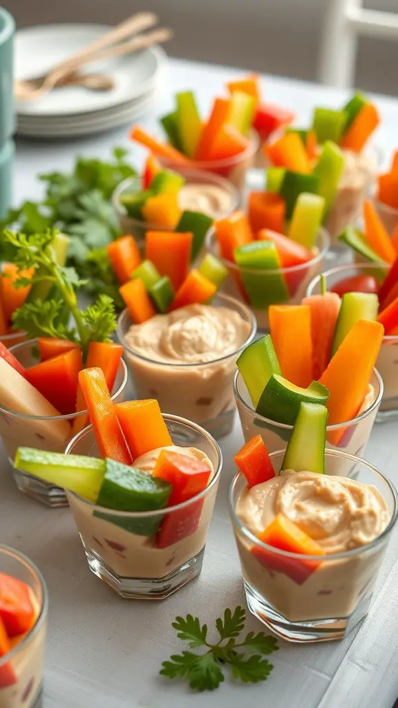 Colorful veggie cups with hummus, featuring bell peppers, cucumbers, and carrots.