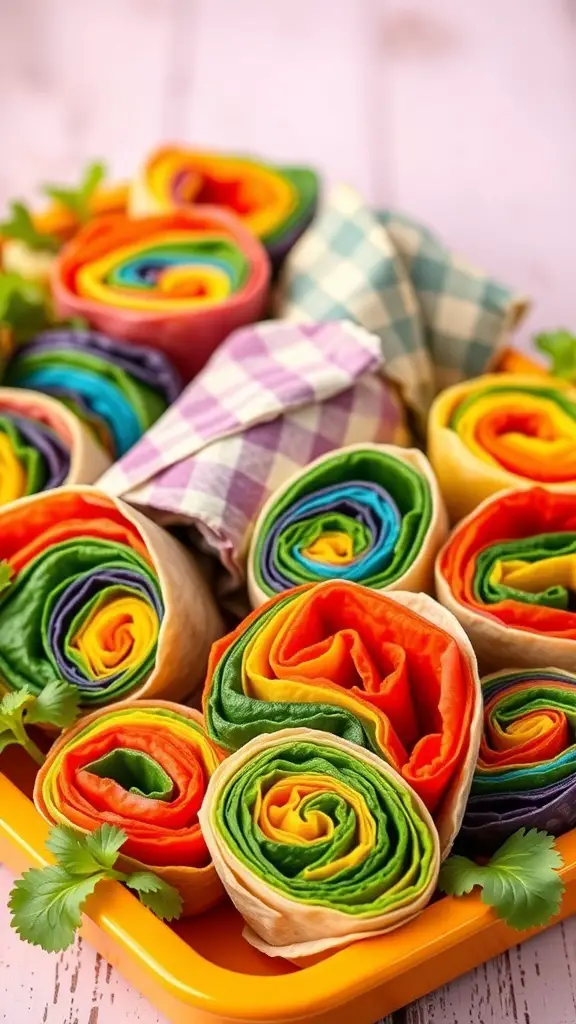 Colorful rainbow veggie wraps arranged neatly in a tray
