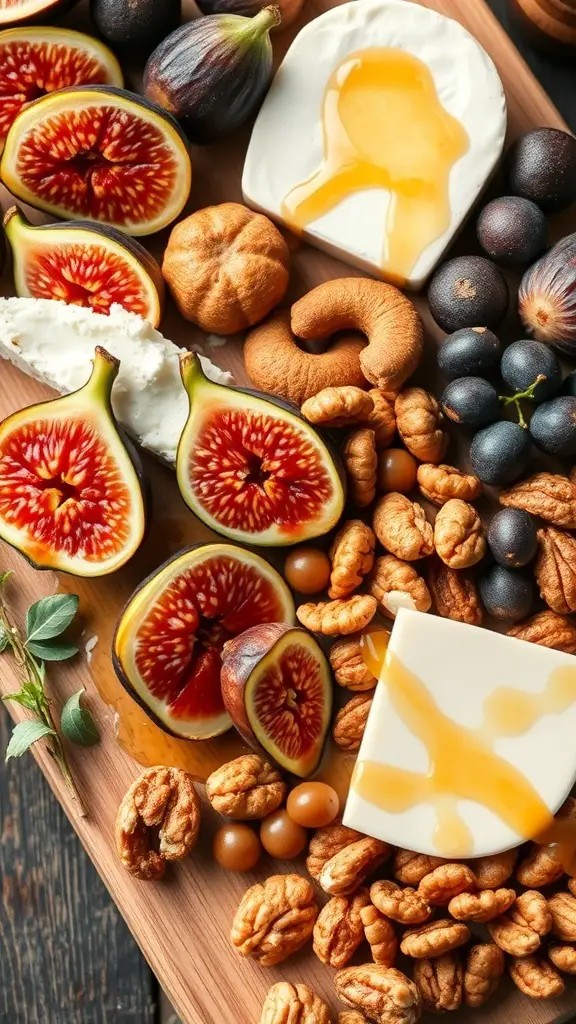 A beautifully arranged Easter grazing board featuring fresh figs, creamy cheese, nuts, and honey.