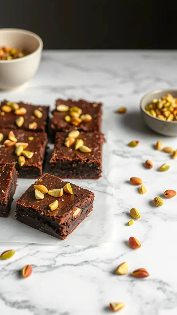Delicious rosewater pistachio brownies topped with chopped pistachios on a marble surface.