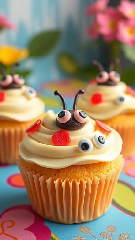 Colorful Love Bug Cupcakes with frosting and candy decorations