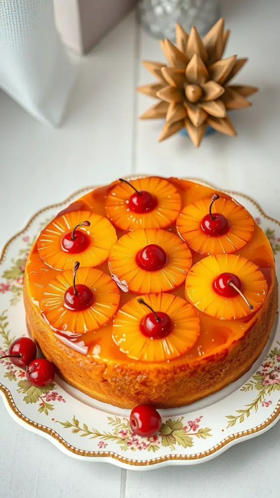 A pineapple upside-down cake topped with pineapple rings and cherries on a decorative plate.