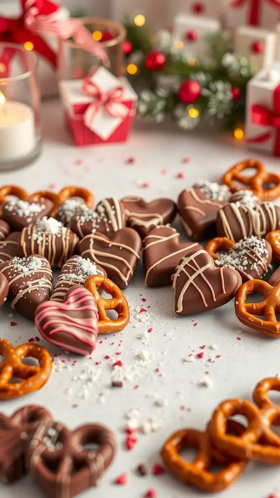 A variety of chocolate-covered pretzel hugs arranged on a table, decorated with sprinkles and surrounded by festive decorations.