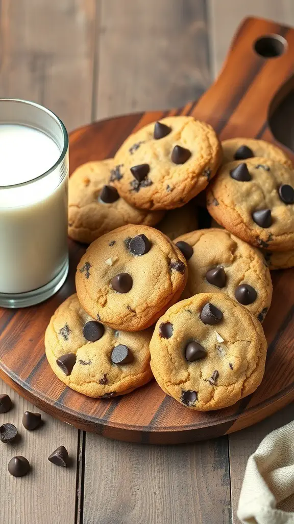 A plate of chocolate chip cookies with a glass of milk