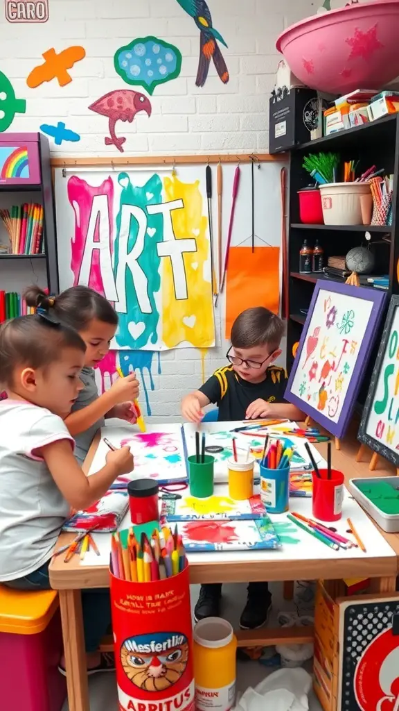 Children engaged in an art and craft workshop, painting and creating colorful artworks.