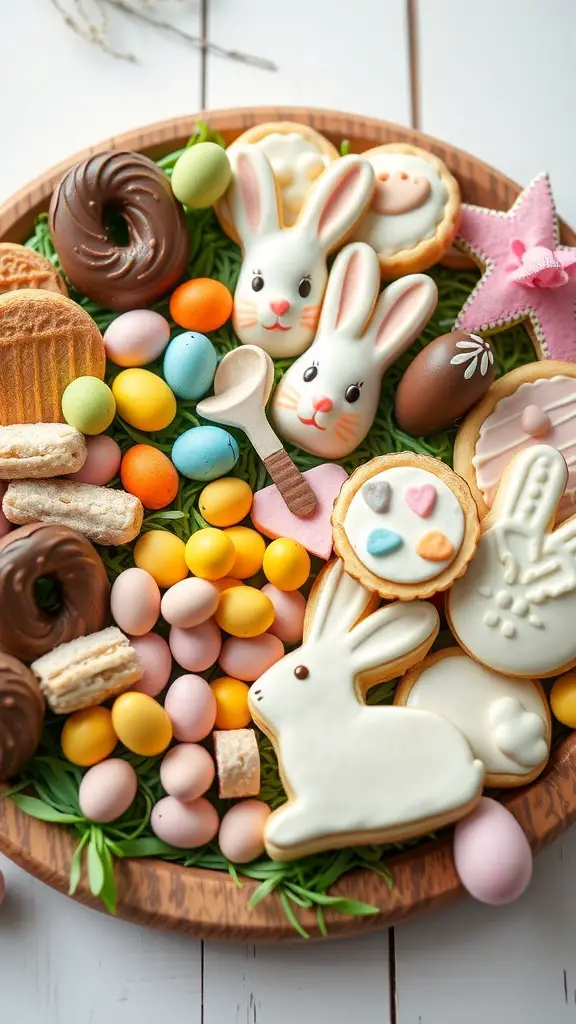 A colorful Easter grazing board featuring bunny-shaped cookies, chocolate donuts, and pastel candies.