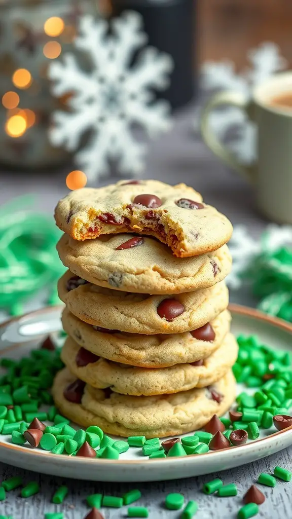 A stack of mint chocolate chip cookies with green sprinkles on a plate, surrounded by festive decorations.