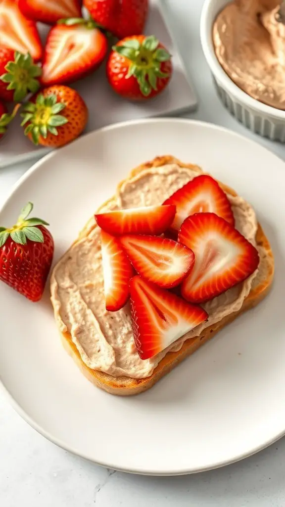A slice of toast topped with almond butter and fresh sliced strawberries, with additional strawberries in the background.
