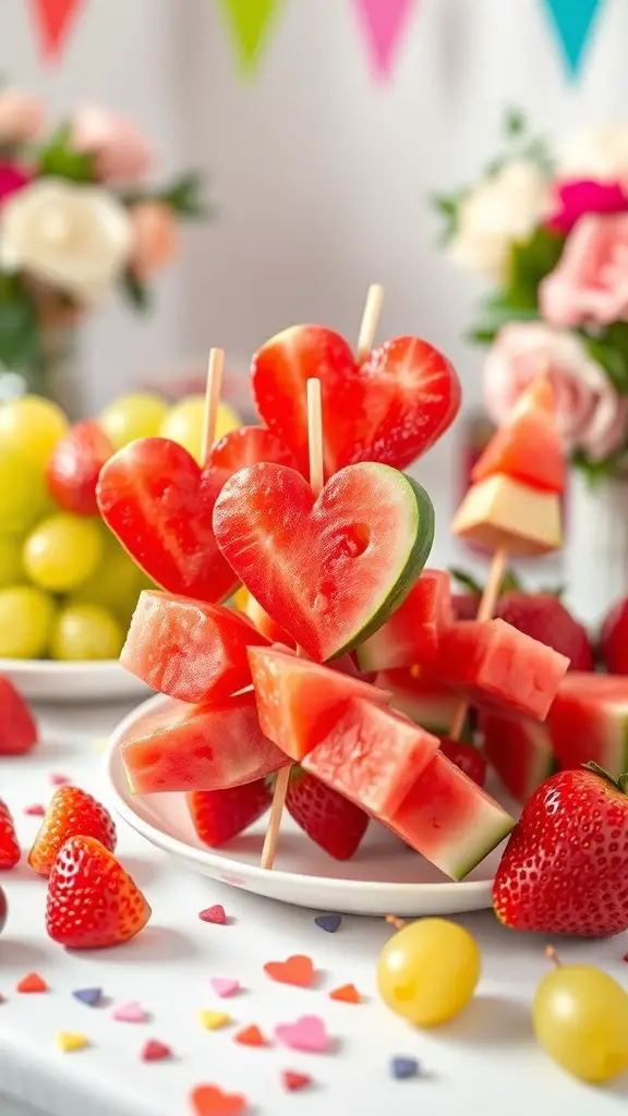 Colorful fruit kabobs with heart-shaped watermelon pieces and strawberries, perfect for a kids' Valentine's Day party.