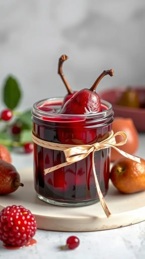 A jar of red wine poached pears with a ribbon, surrounded by fresh fruits.