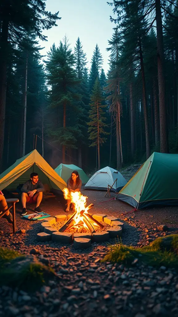 A camping scene with tents and a campfire surrounded by trees