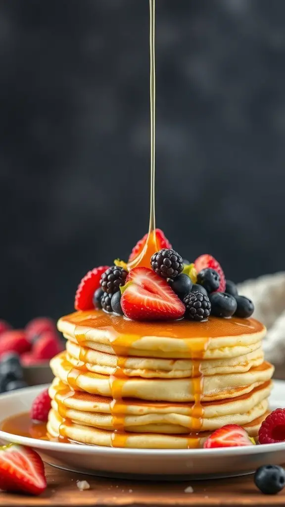 A stack of fluffy lemon ricotta pancakes topped with fresh berries and syrup.