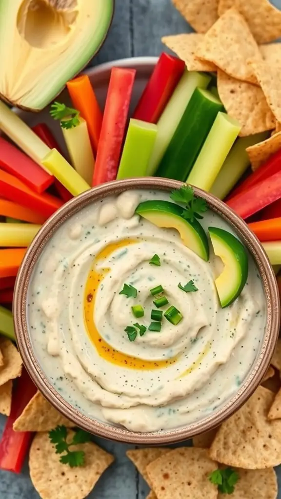 A bowl of creamy avocado and white bean dip surrounded by colorful veggies and tortilla chips.