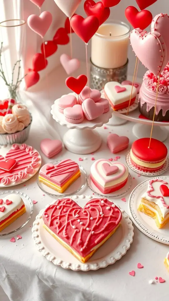 A variety of heart-shaped desserts including cookies, cakes, and macarons, all decorated in pink and red for a Galentine's dinner party.
