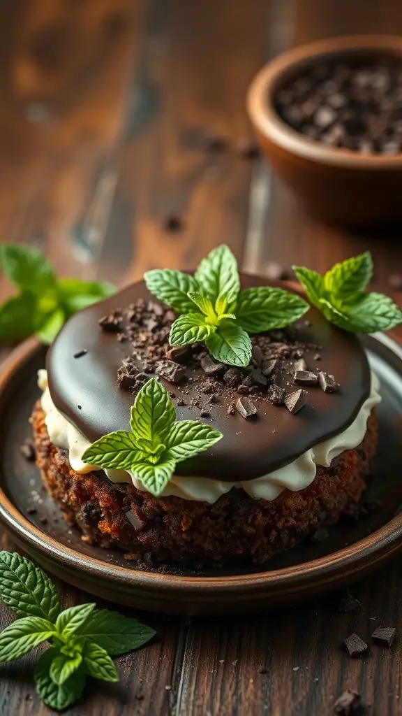 A chocolate mint bento cake topped with mint leaves and chocolate shavings on a wooden table.