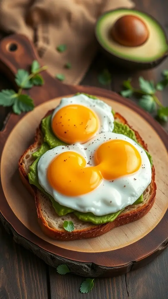 Avocado toast topped with heart-shaped eggs on a wooden board