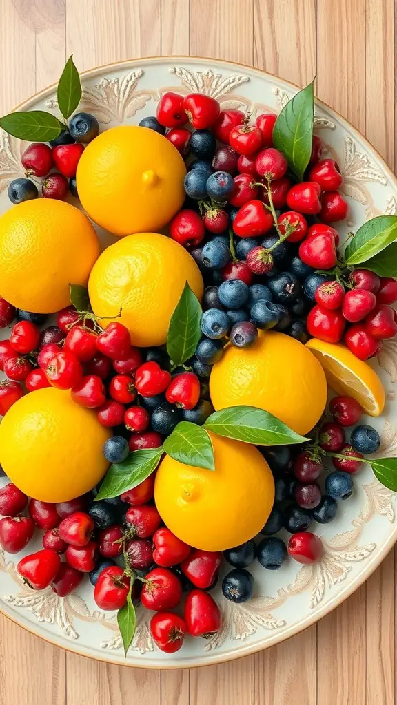 A colorful platter of lemons, cherries, and blueberries arranged with green leaves.