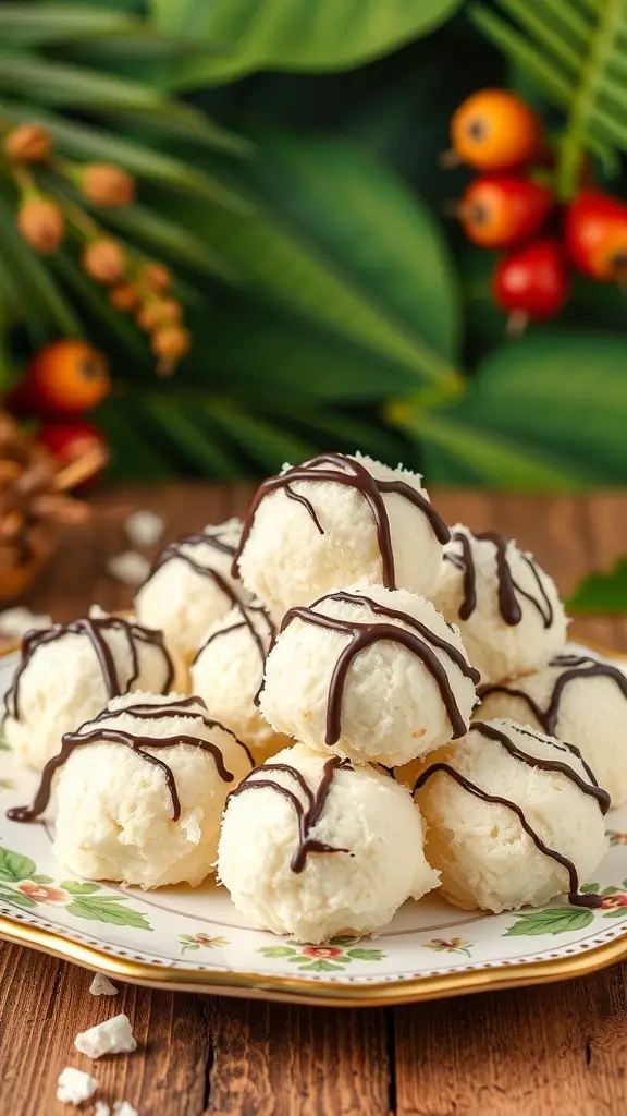 A plate of coconut macaroons drizzled with dark chocolate on a wooden table.