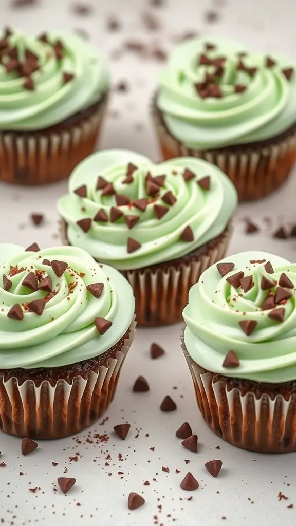 Mint chocolate chip heart cupcakes with green frosting and chocolate chips