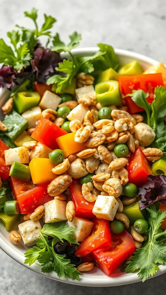 A colorful garden salad with bell peppers, cucumbers, nuts, and greens.