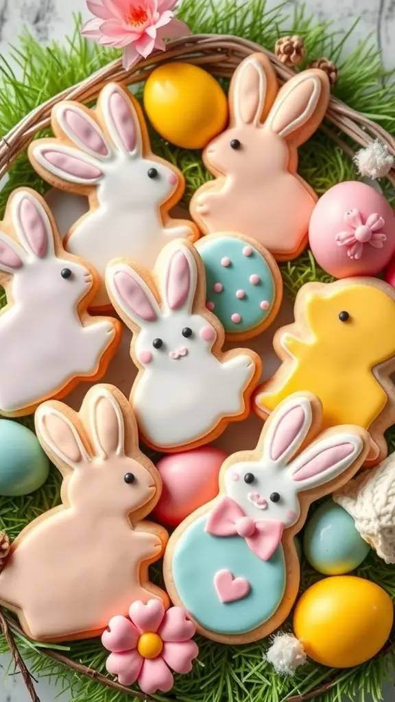A variety of decorated Easter sugar cookies in the shape of bunnies, chicks, and eggs, surrounded by colorful eggs and flowers.
