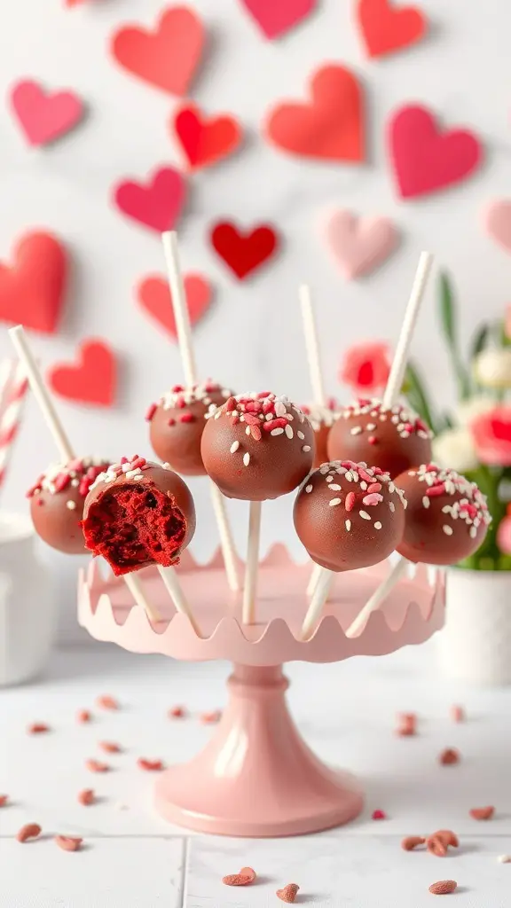 A display of red velvet cake pops with sprinkles on a pink stand, surrounded by heart decorations.