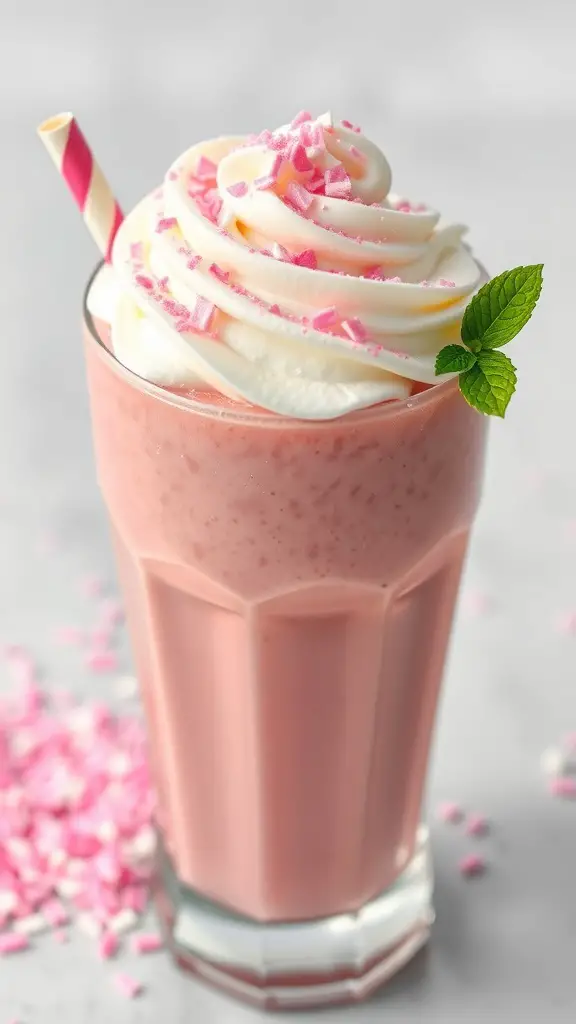 A pink smoothie topped with coconut whipped cream and pink sprinkles in a glass