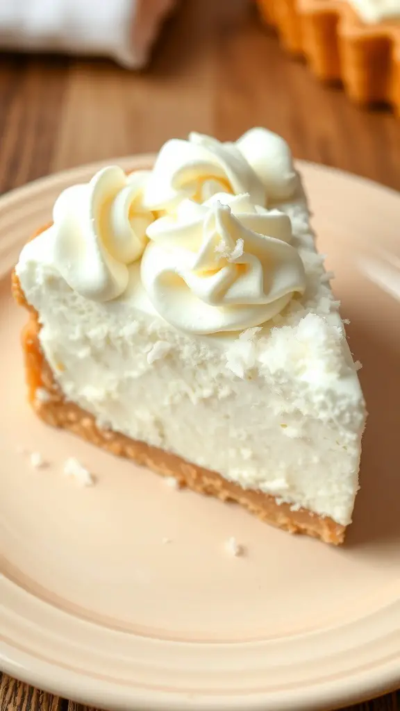 A slice of coconut cream pie topped with whipped cream on a plate.