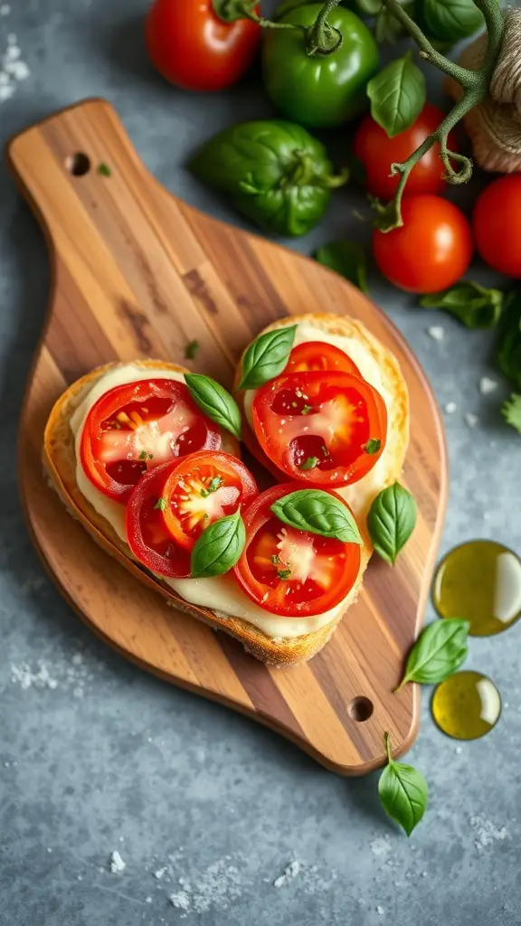 Heart-shaped bruschetta with tomatoes and basil on a wooden cutting board