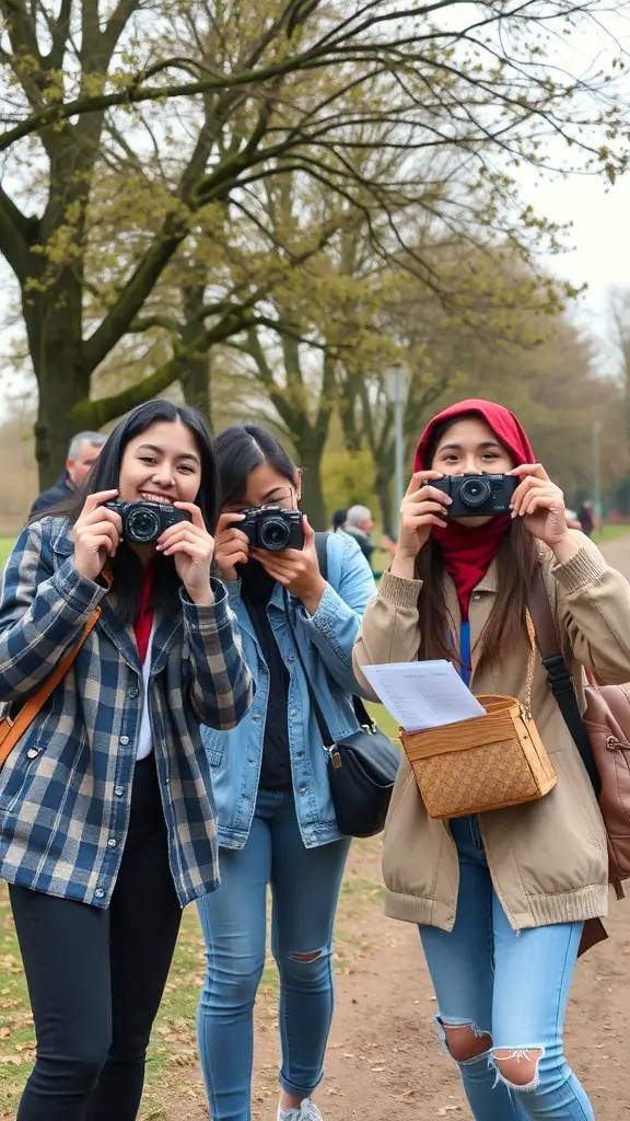 A group of friends holding cameras, ready for a photo scavenger hunt.