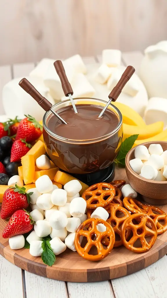 A chocolate fondue station with melted chocolate and various dippables like strawberries, marshmallows, and pretzels.