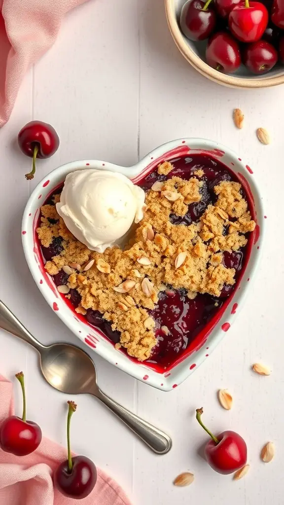 A heart-shaped cherry almond crumble dessert with a scoop of ice cream on top, surrounded by fresh cherries.